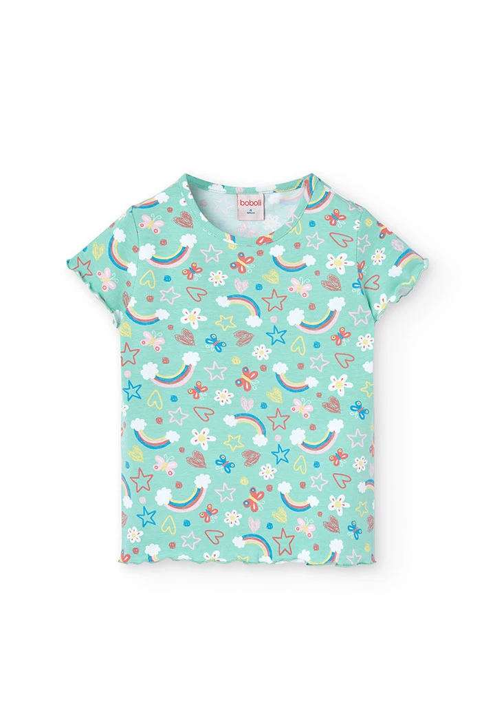 Pijama de malha para menina com estampado de arco-íris e flores em tons verdes