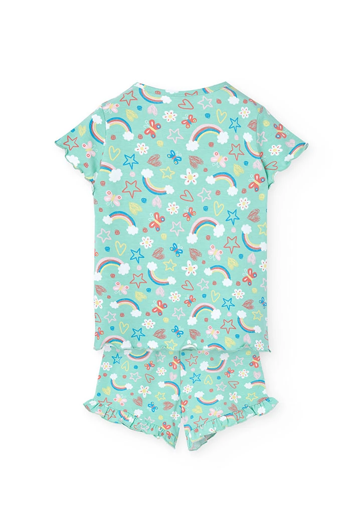 Pyjama en maille pour fille avec imprimé de arcs-en-ciel et fleurs dans des tons verts.
