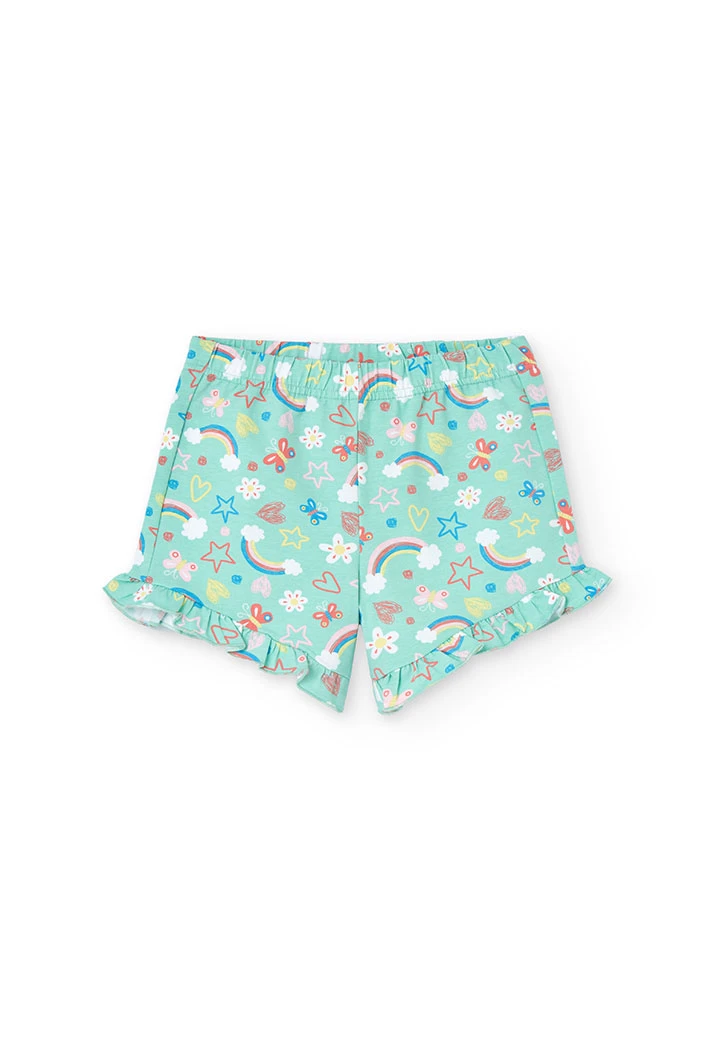 Pijama de malha para menina com estampado de arco-íris e flores em tons verdes
