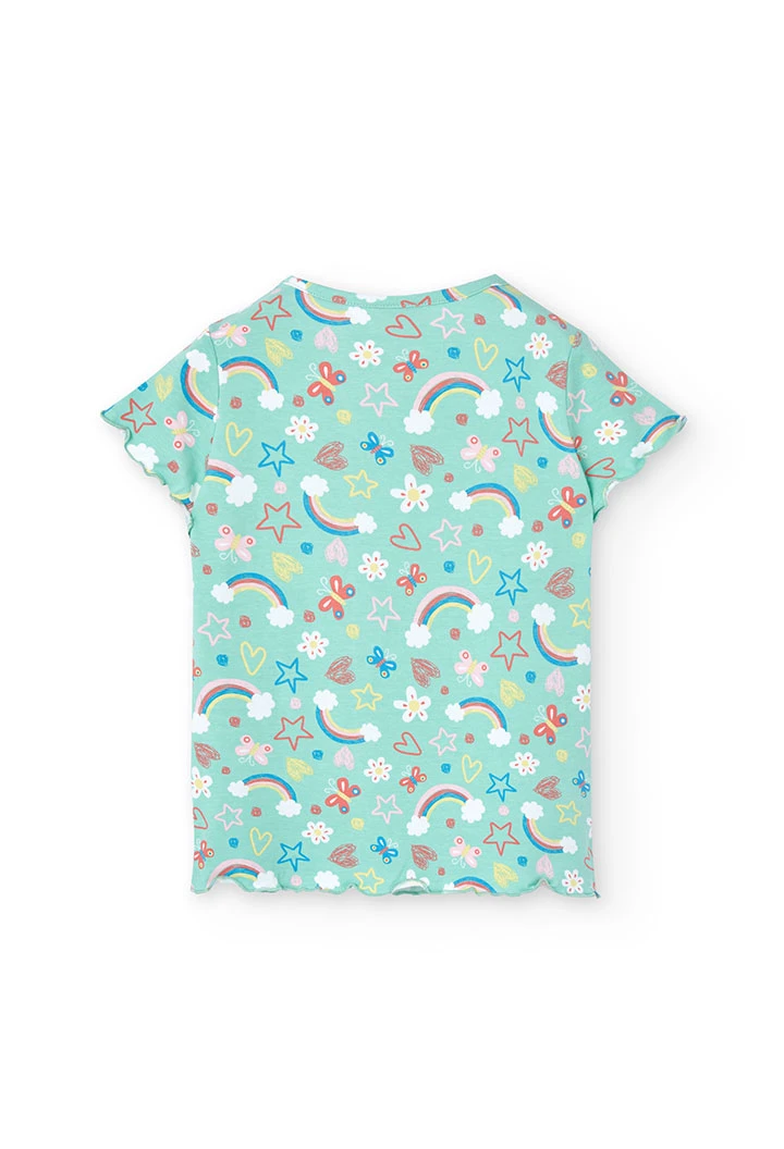 Pijama de malha para menina com estampado de arco-íris e flores em tons verdes