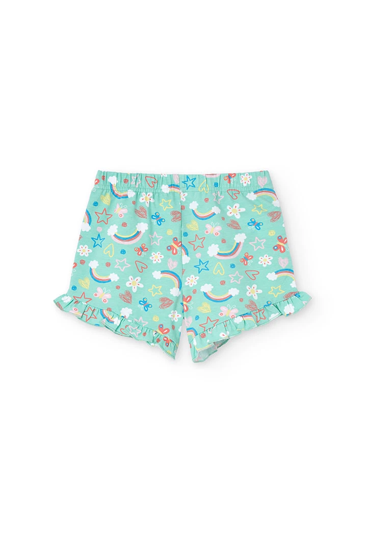 Pijama de malha para menina com estampado de arco-íris e flores em tons verdes
