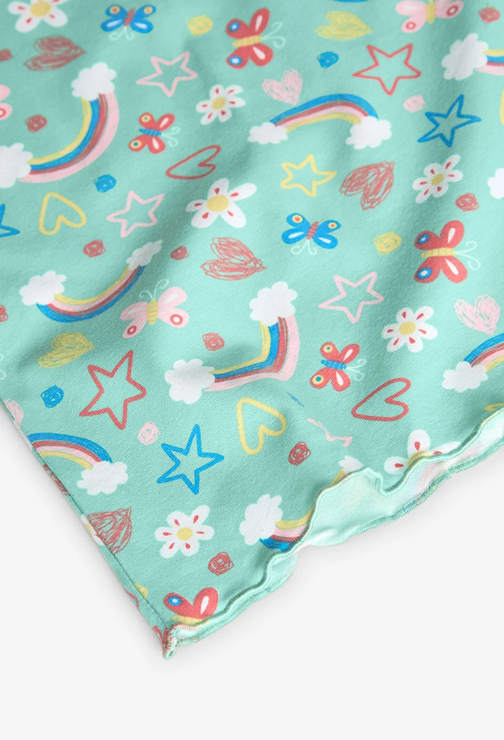 Pijama de malha para menina com estampado de arco-íris e flores em tons verdes