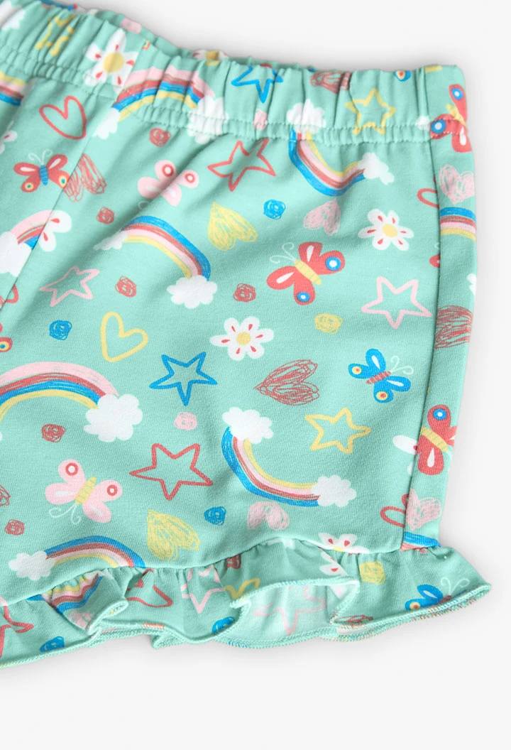 Pijama de malha para menina com estampado de arco-íris e flores em tons verdes