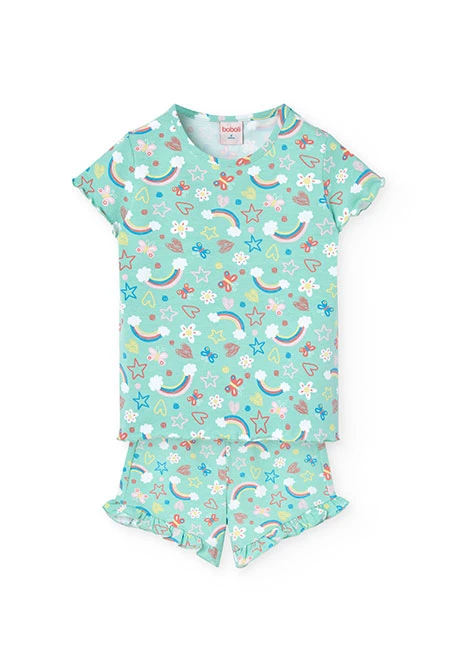 Pyjama en maille pour fille avec imprimé de arcs-en-ciel et fleurs dans des tons verts.