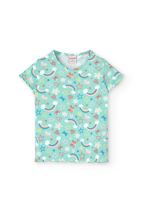 Pijama de punto para niña con estampado con de arcoíris y flores en tonos verdes