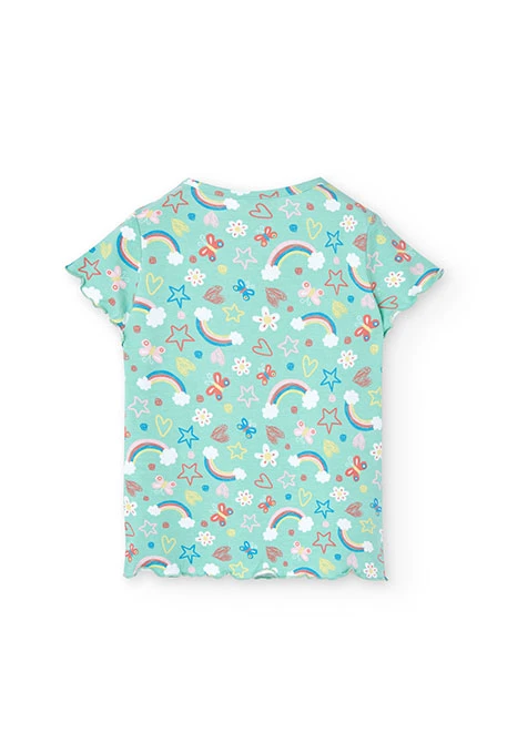 Pijama de punto para niña con estampado con de arcoíris y flores en tonos verdes