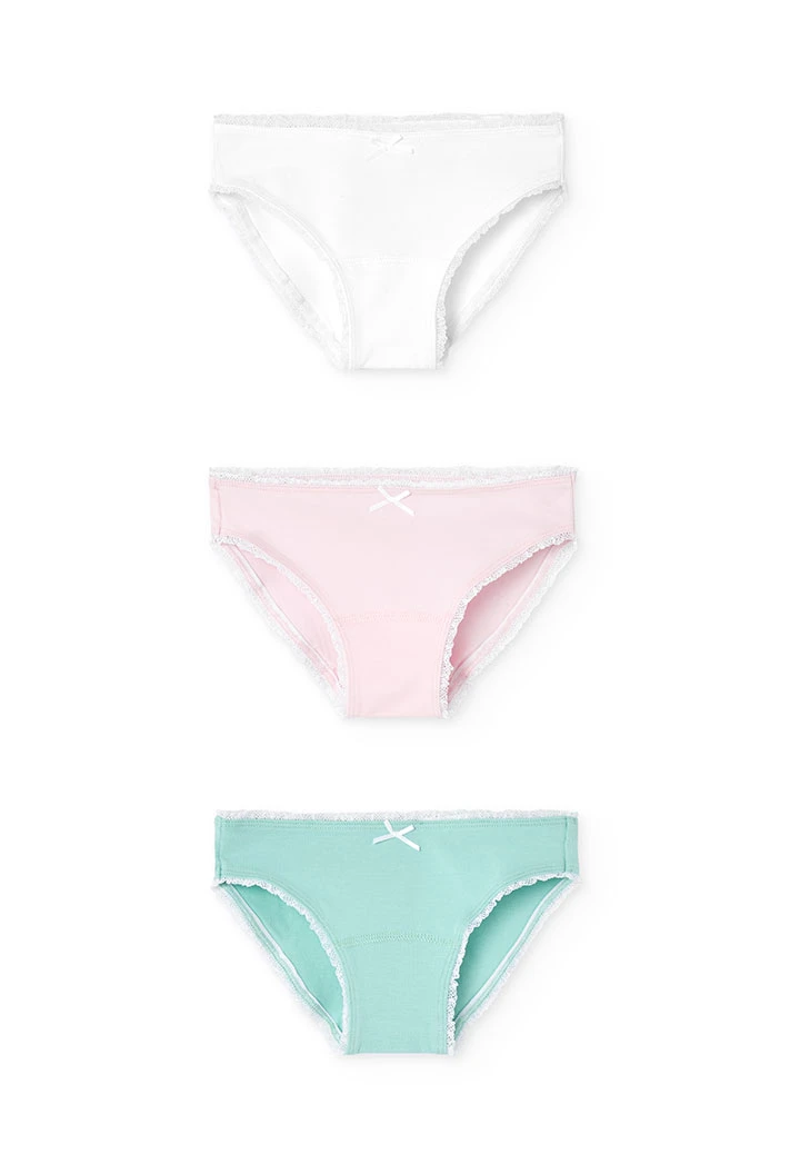 Pacco da 3 mutandine in maglia per bambina nei colori verde, rosa e bianco.