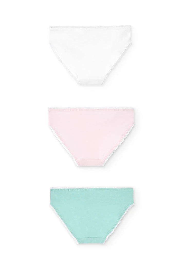Pacco da 3 mutandine in maglia per bambina nei colori verde, rosa e bianco.