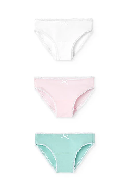 Pacco da 3 mutandine in maglia per bambina nei colori verde, rosa e bianco.
