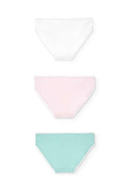 Pack of 3 knitted briefs for girls in green, pink, and white