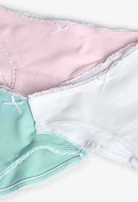 Pack of 3 knitted briefs for girls in green, pink, and white