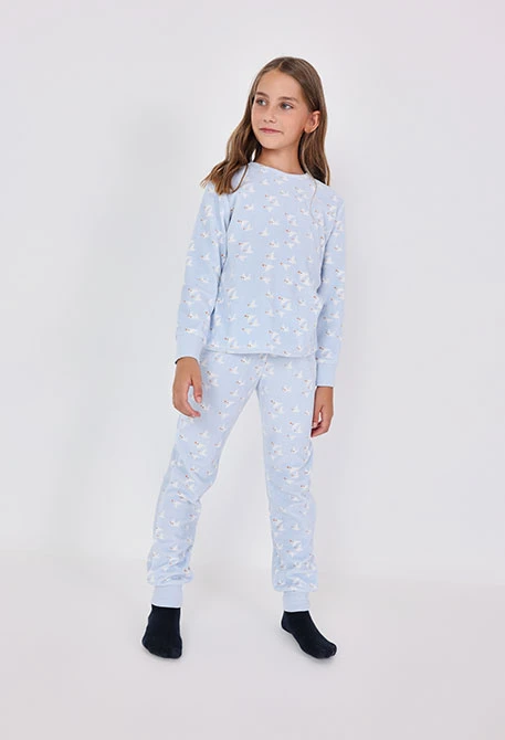 Pigiama bambina in velluto gabbiano azzurro cielo