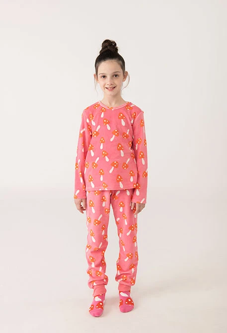 Pigiama bambina in velluto rosa con funghi