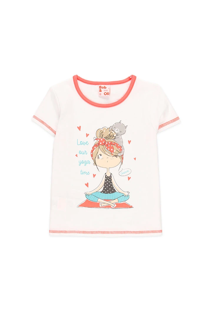 Pijama court pour fille en coton avec estampage de couleur blanc