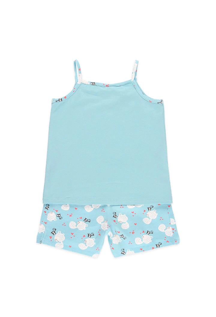 Knitted pyjama shorts for girls printed in sky blue