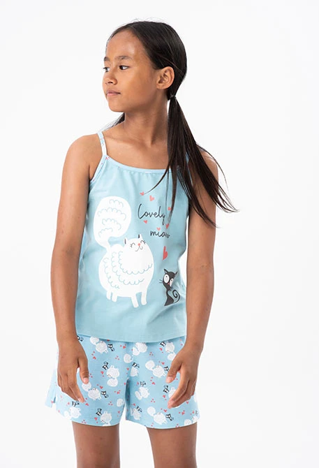 Pijama court pour fille en estampada de couleur bleu clair