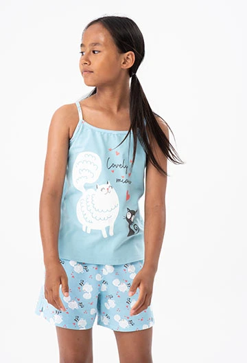 Pijama de malha curto de menina em azul claro
