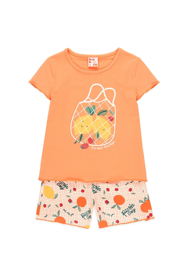 Pijama court pour fille en estampé de couleur orange