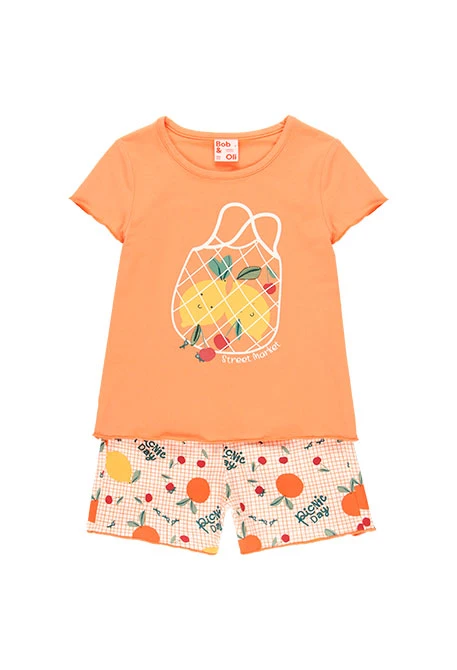 Pijama de malha curto para menina, cor de laranja