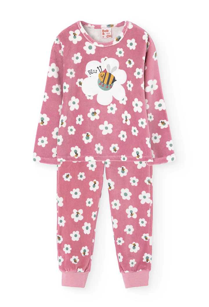 Pijama de terciopelo para niña en rosa con estampado de flores