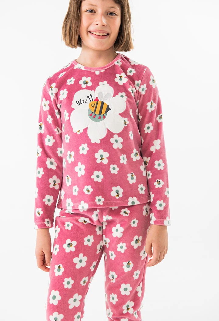 Velvet pyjamas for girls in pink with a floral print