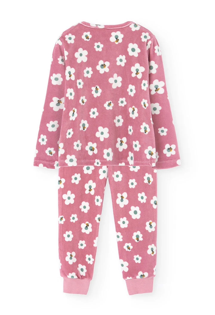 Pijama de vellut per a nena en rosa amb estampat de flors