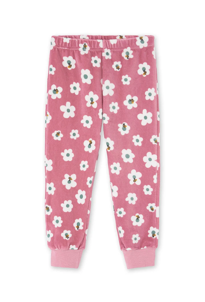 Velvet pyjamas for girls in pink with a floral print