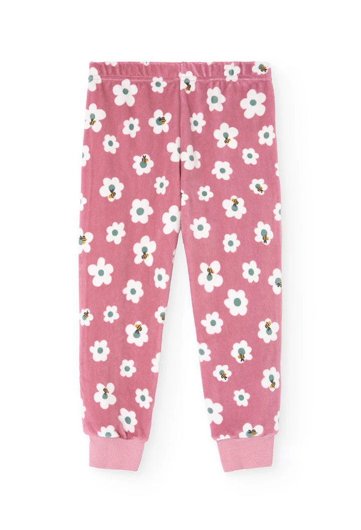 Pijama de terciopelo para niña en rosa con estampado de flores