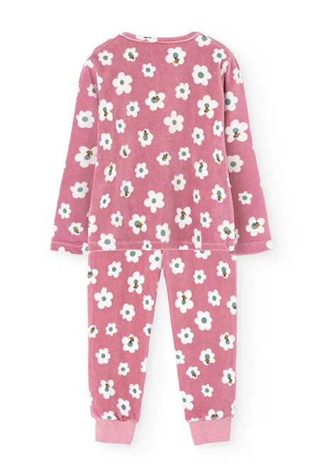 Pijama de terciopelo para niña en rosa con estampado de flores