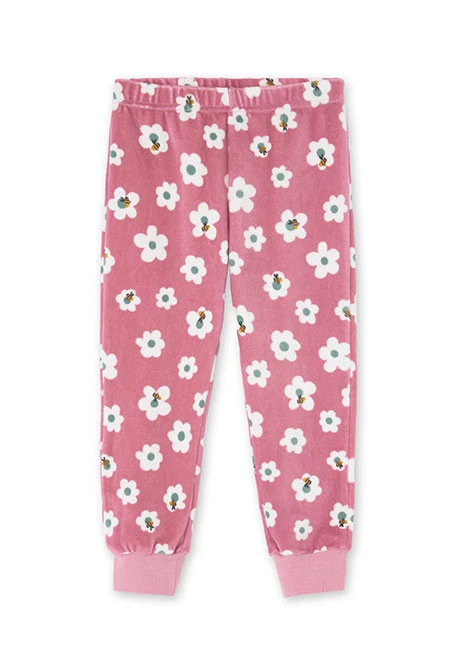 Pijama de terciopelo para niña en rosa con estampado de flores