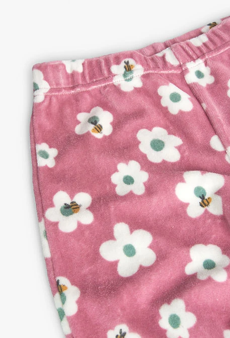 Pijama de terciopelo para niña en rosa con estampado de flores