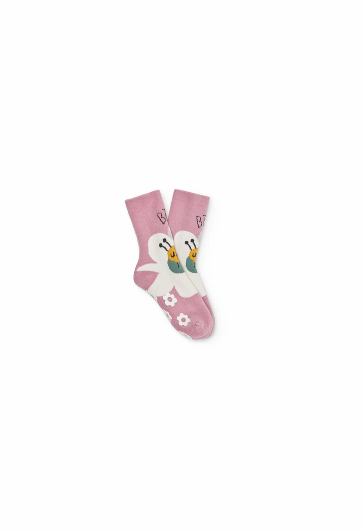 Chaussette longue antidérapante pour fille en rose