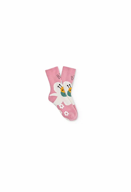 Chaussette longue antidérapante pour fille en rose