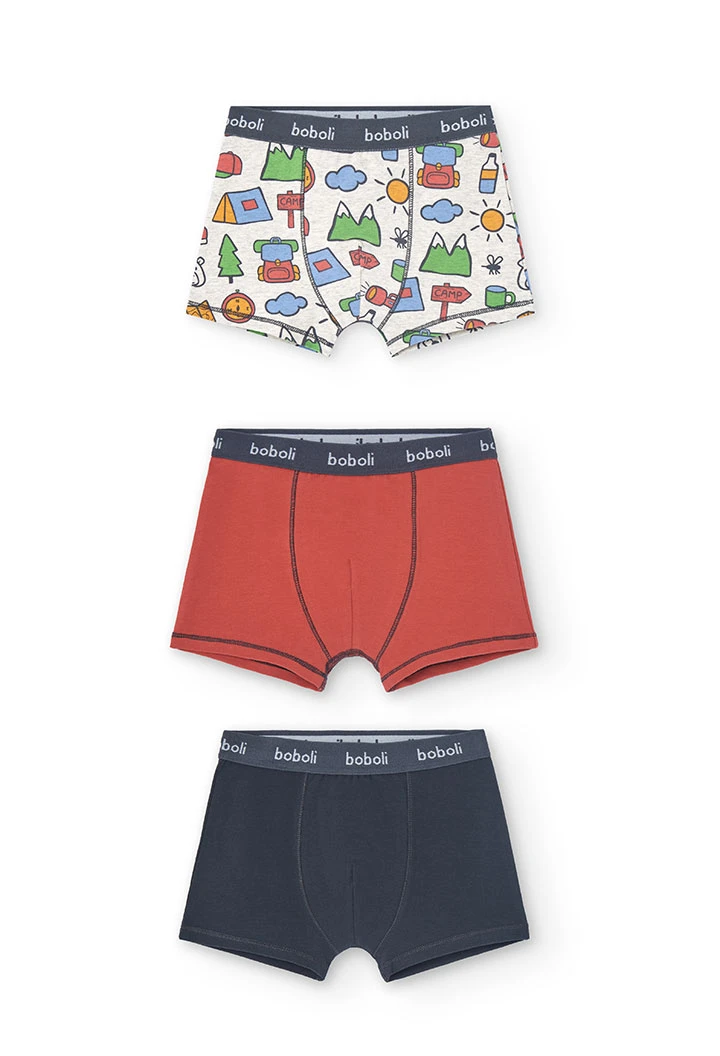 Confezione da 3 boxer in maglia per bambino con stampa in colore rosso, blu e altri colori.