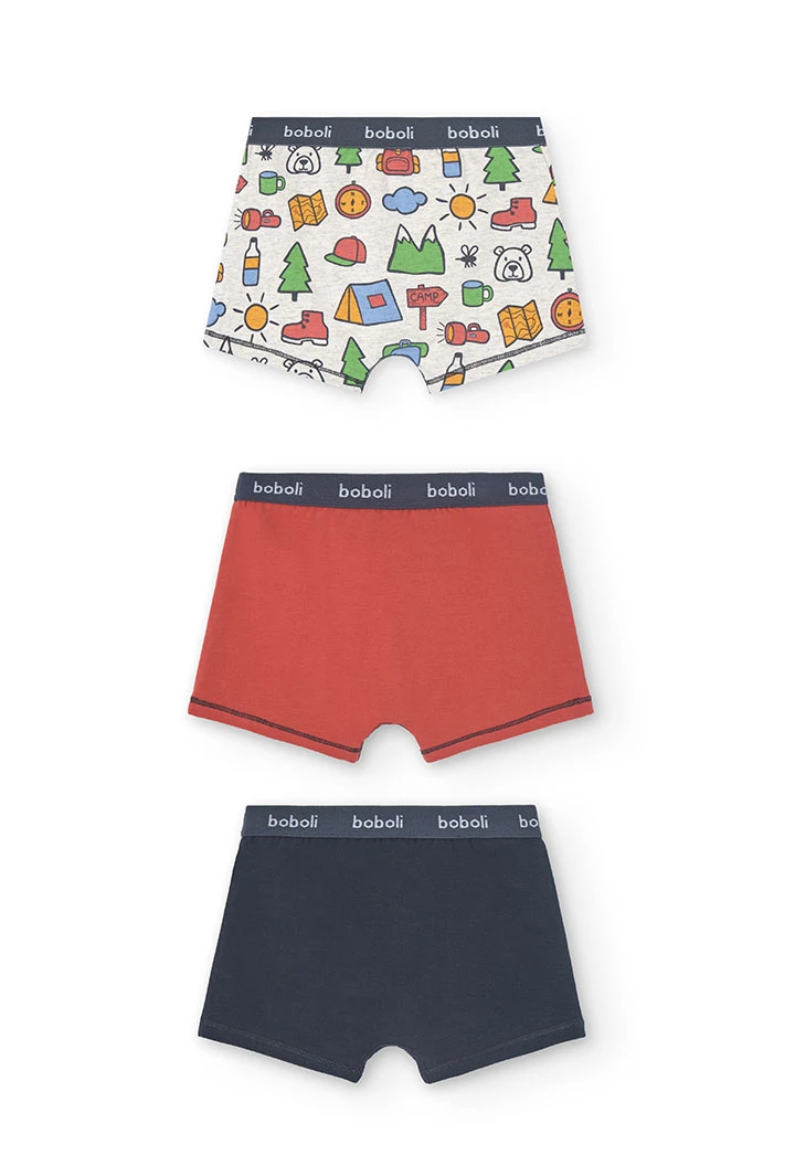 Confezione da 3 boxer in maglia per bambino con stampa in colore rosso, blu e altri colori.