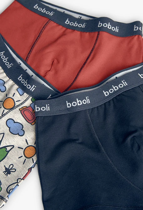 Lot de 3 boxers en jersey pour garçon avec imprimé en rouge, bleu et autres couleurs.