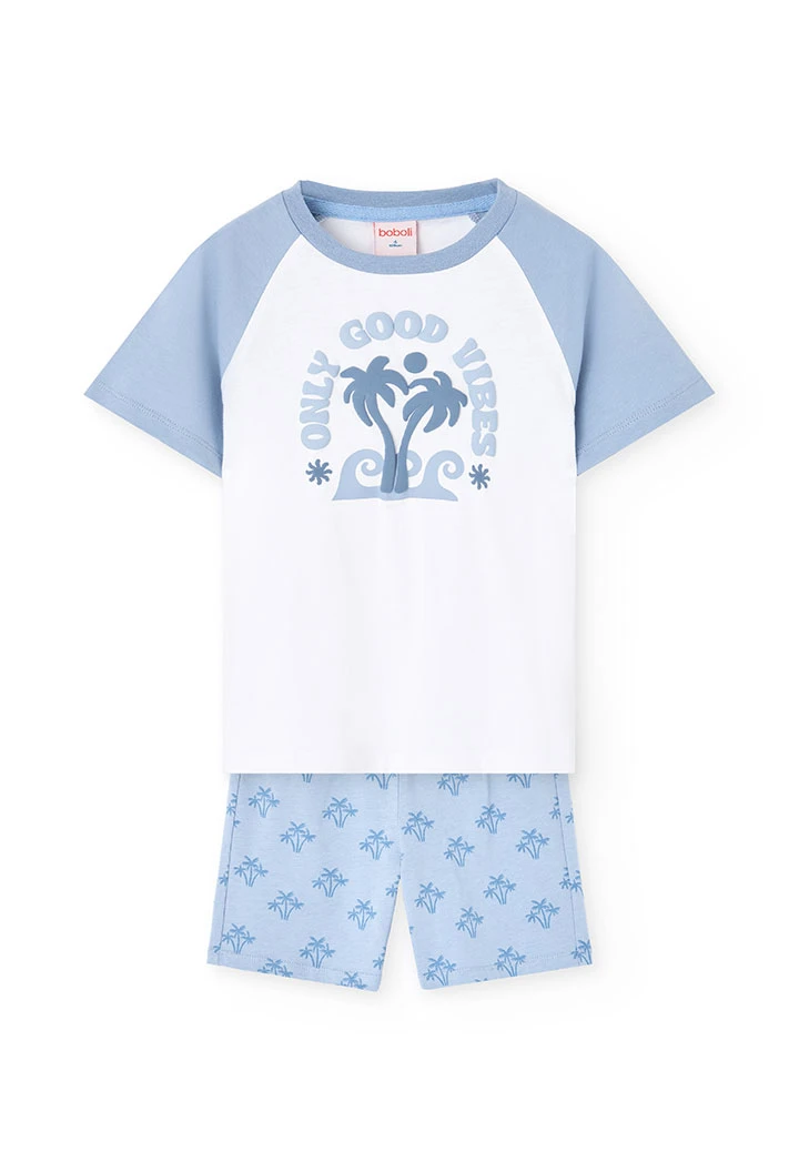 Pigiama corto in maglia per bambino con stampa in colore blu.