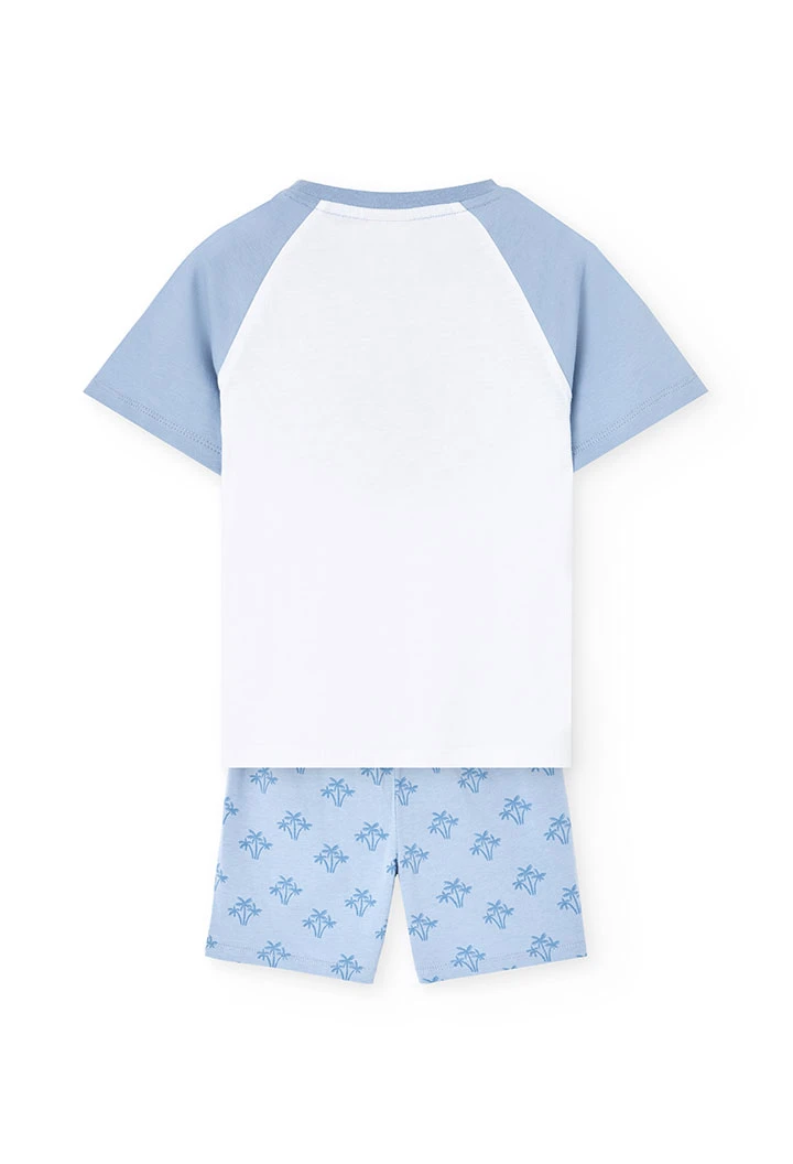 Pigiama corto in maglia per bambino con stampa in colore blu.