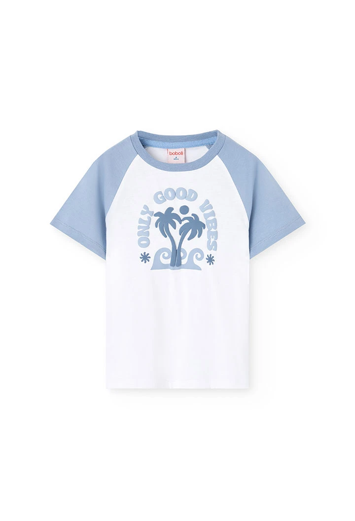 Pigiama corto in maglia per bambino con stampa in colore blu.