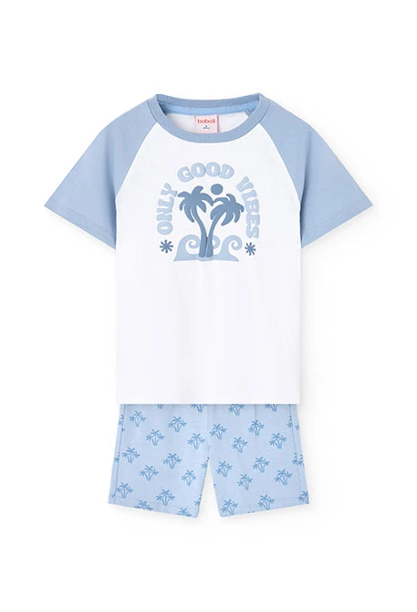 Pigiama corto in maglia per bambino con stampa in colore blu.