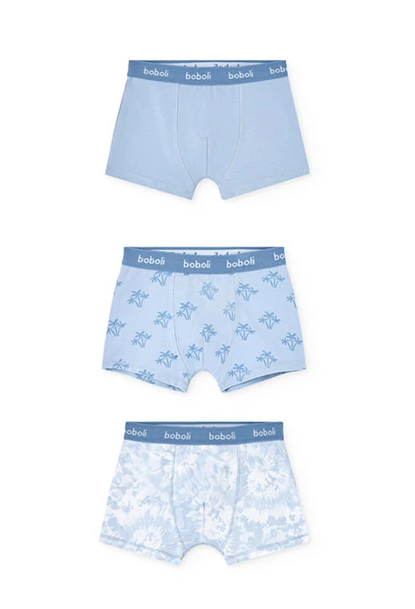 Lot de 3 boxers en maille pour garçon en tons bleus avec imprimé.