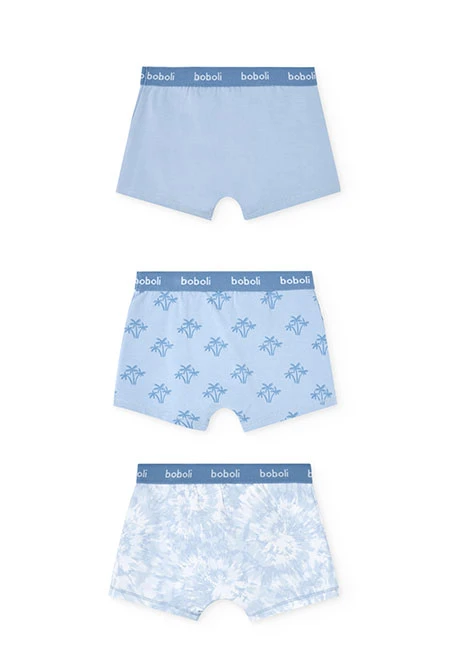 Lot de 3 boxers en maille pour garçon en tons bleus avec imprimé.
