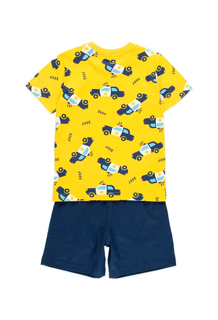 Organic knitted pyjama shorts for boys printed in yellow