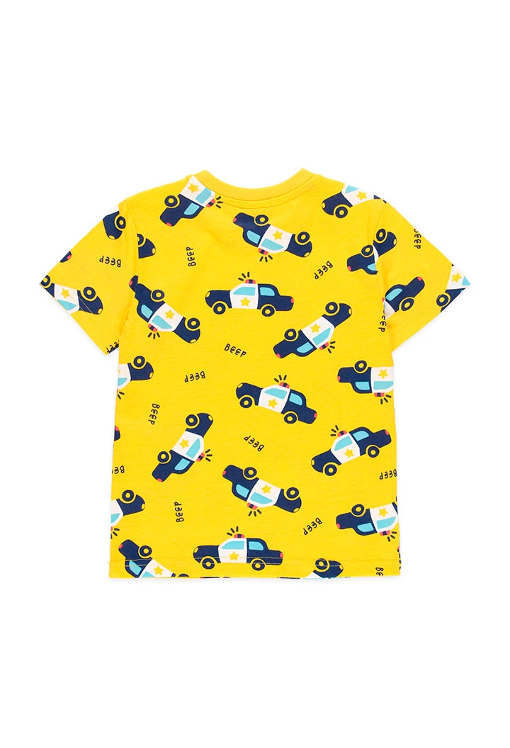Organic knitted pyjama shorts for boys printed in yellow