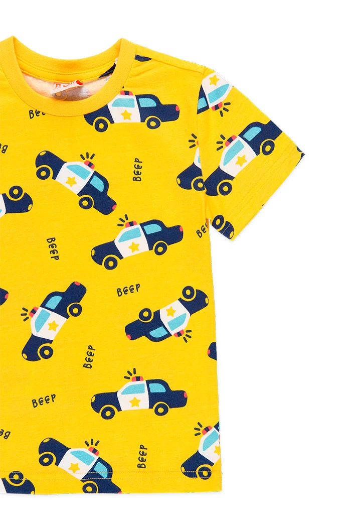 Pijama curto de malha orgânica para menino estampado em amarelo