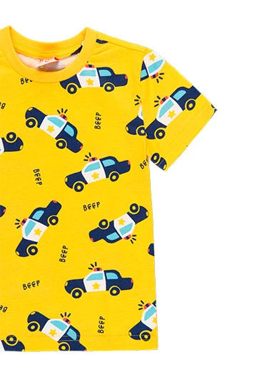 Pijama de punto corto orgánico de niño estampado en amarillo