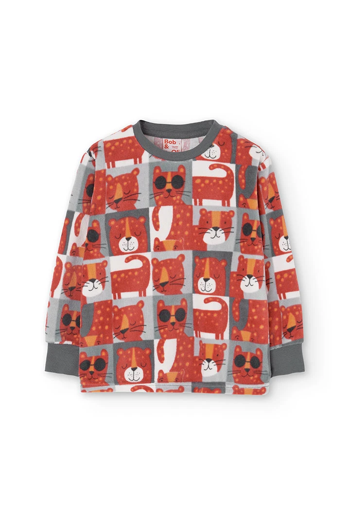 Pijama de terciopelo para niño en rojo y con estampado