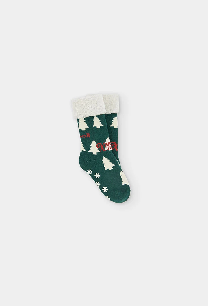 Chaussette haute verte imprimée sapins de Noël