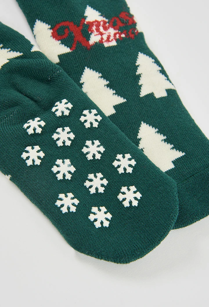 Chaussette haute verte imprimée sapins de Noël