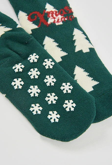 Chaussette haute verte imprimée sapins de Noël